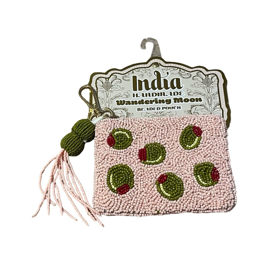 Wandering Moon beaded martini pink pouch - Pink Martini Beaded Bag beaded olive